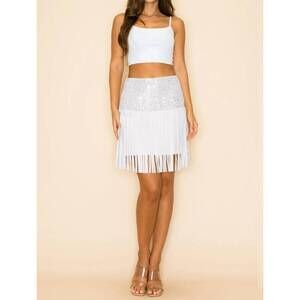 NEW WAY faux suede sequin fringe skirt in white